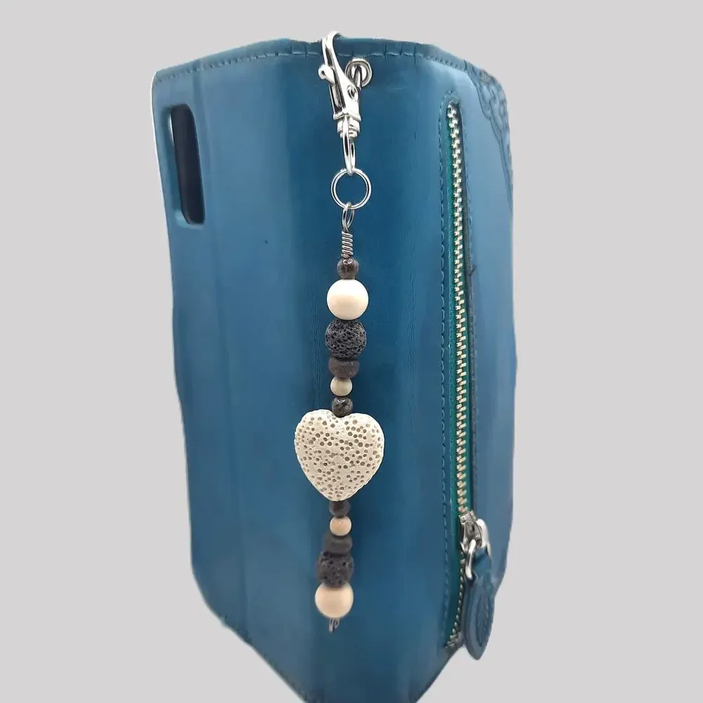 Handmade Beaded Diffuser Bag Charm Large Cream Lava Heart Gemstone Keychain NEW